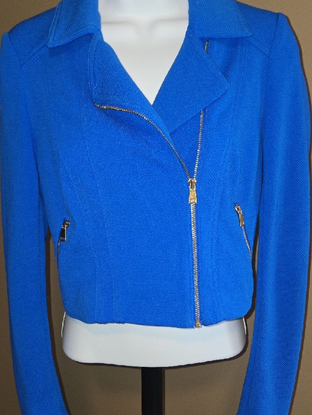 Cache Electric Blue Asymmetric Zip Moto Crop Blazer